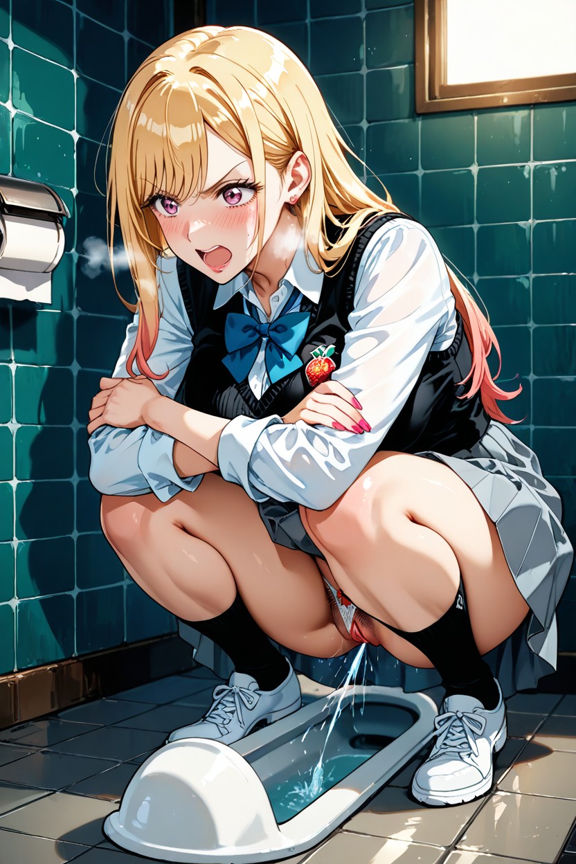 Blue Bow Tie, Squatting Position, Breasts Hentai AI Porn