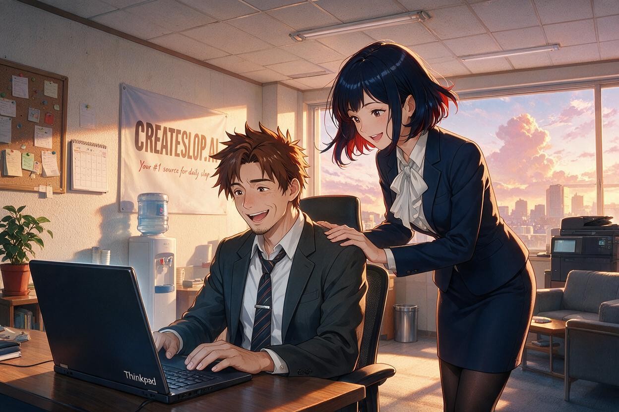 Black Silky Stockings Cinematic Wide Shot Showing Detailed Office Interior And Furniture A Large Potted Plant Is Placed Next To Some Table, High Quality Digital Anime Art Style, Anime Movie Style In The Aesthetic Of Makoto Shinkai Hentai AI Porn