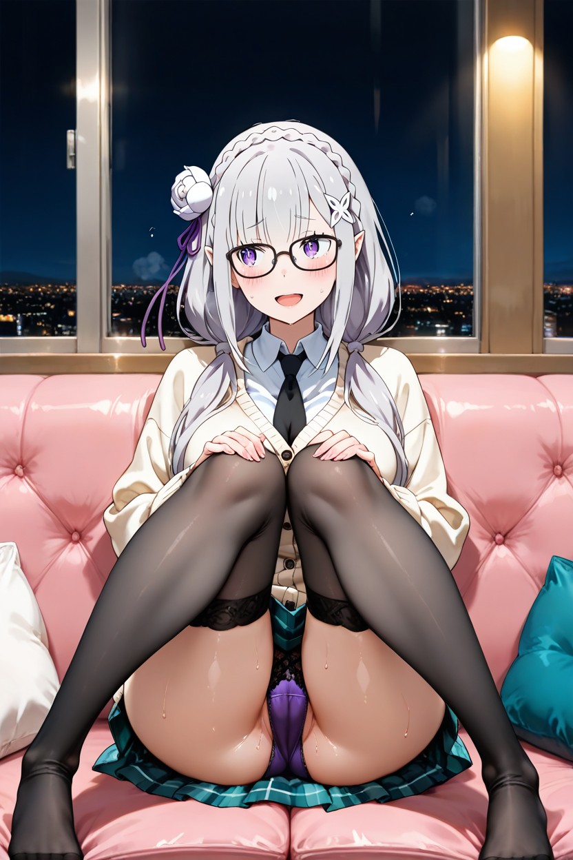 Only A Section Of The Skirt Visible Beneath The Cardigan Hem, Highly Detailed Face, Emilia_/rezero/ Hentai AI Porn