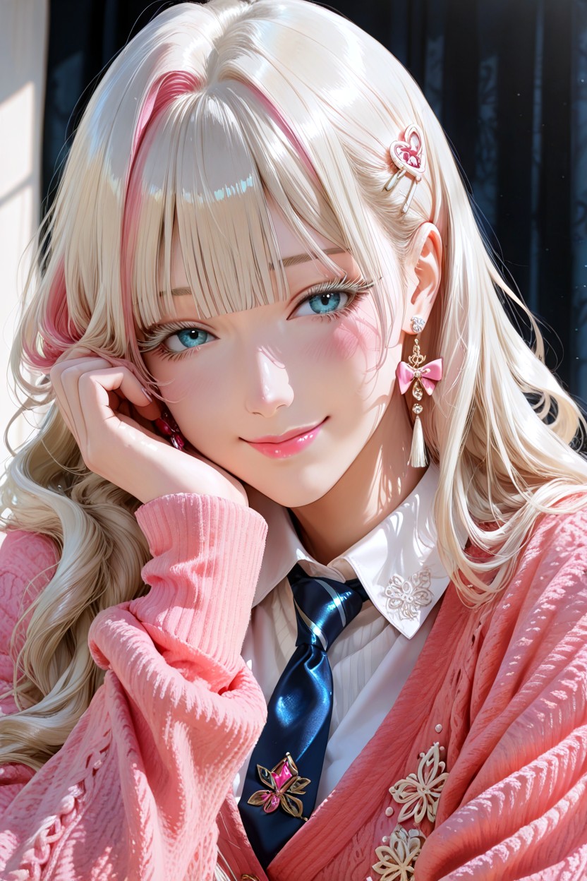Neatly Layered Clothing, Delicate Face-framing Strands, Pink Knitted Cardigan Hentai AI Porn