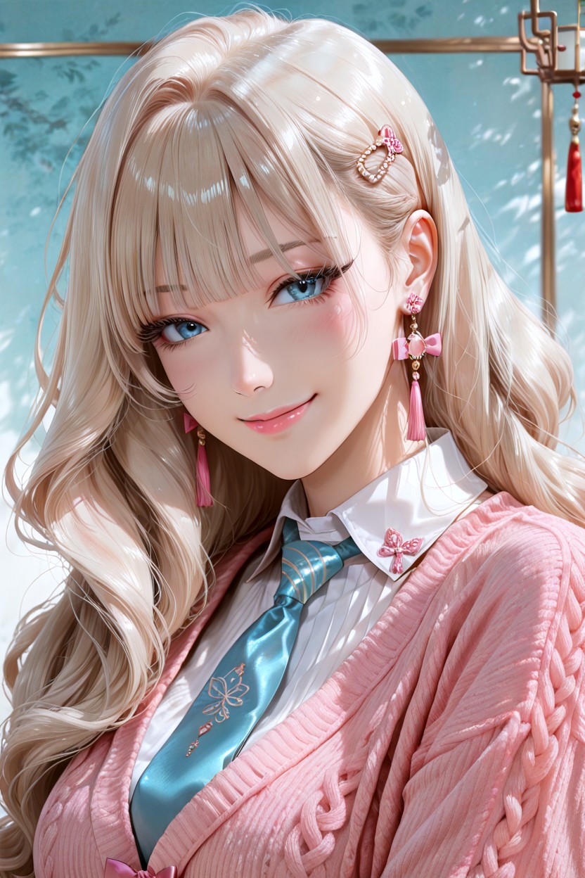 White Collared Blouse, Elegant Dangling Earrings, Detailed Fabric Texture Hentai AI Porn
