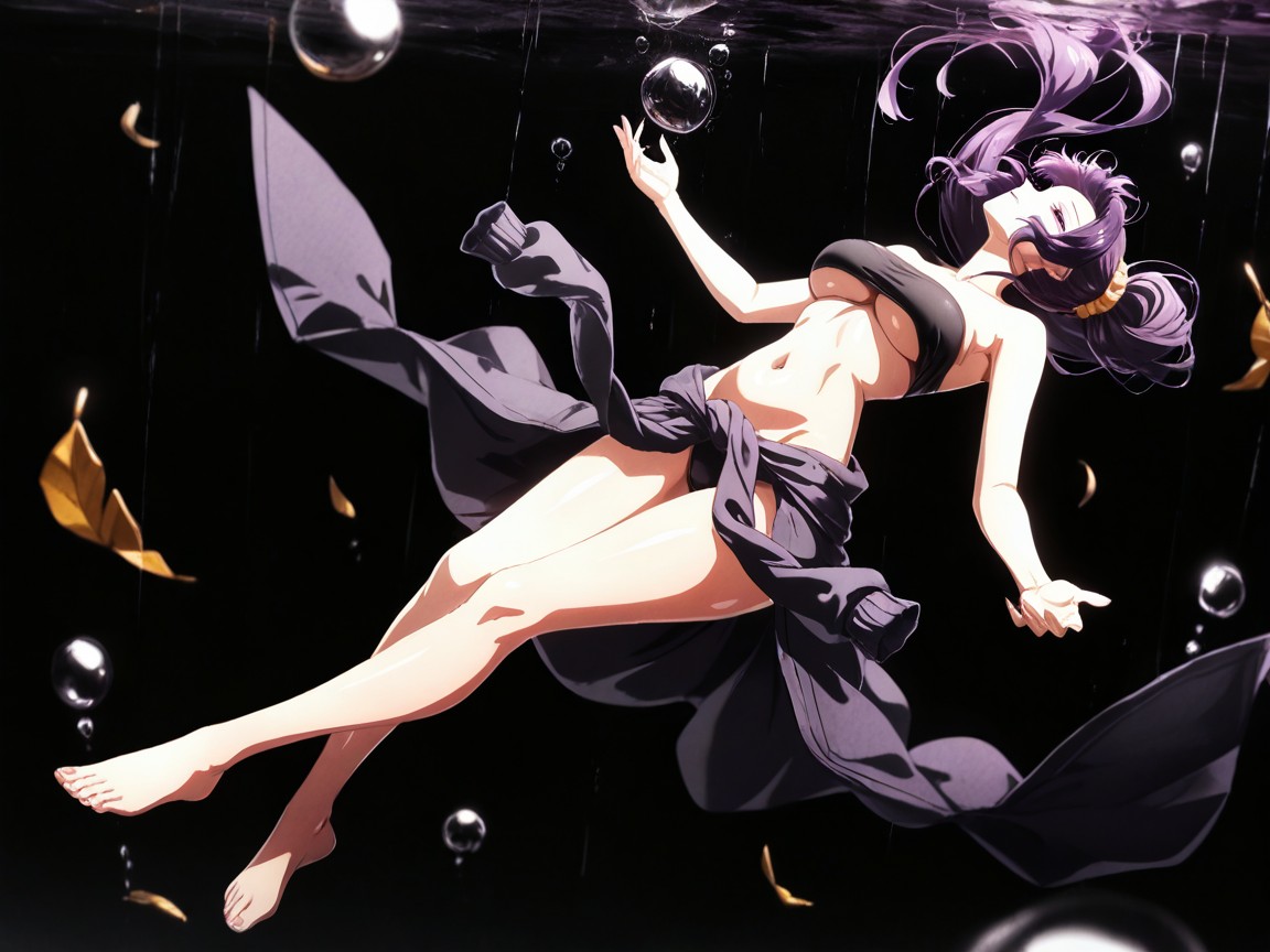 Dark Purple Side Ponytail, Bubbles Floating Up, Back Arches Hentai AI Porn