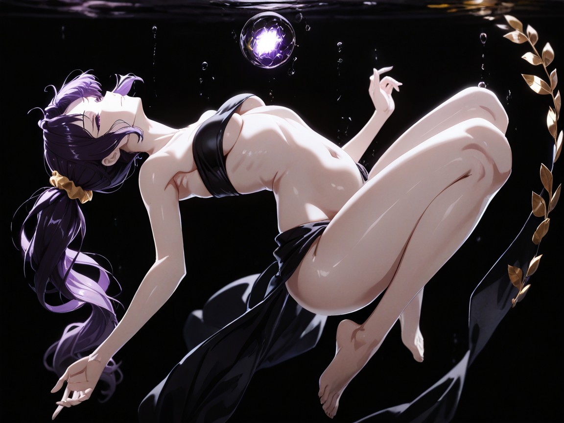 Zero Gravity Hair, Toes Curled, Wearing A Greek Black Chiton At The Waist Hentai AI Porn