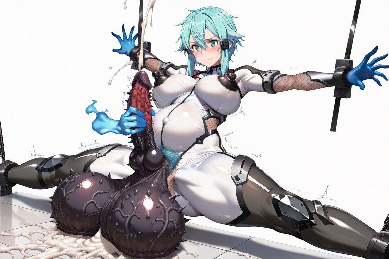 Cock Masturbated By Blue Ghost Hands, Restrained Horizontally, Top Quality Hentai AI Porn