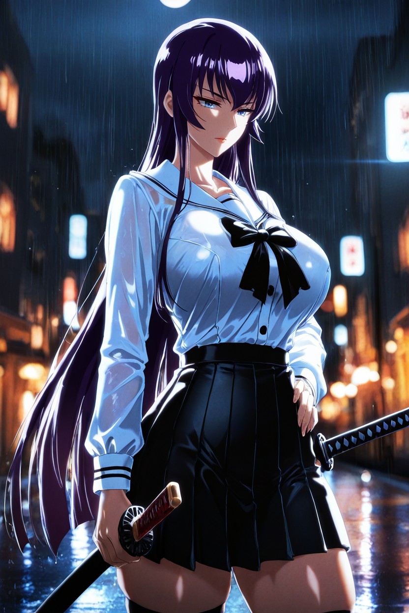 Busujima Saeko, Large Breasts, Soft Lighting Hentai AI Porn