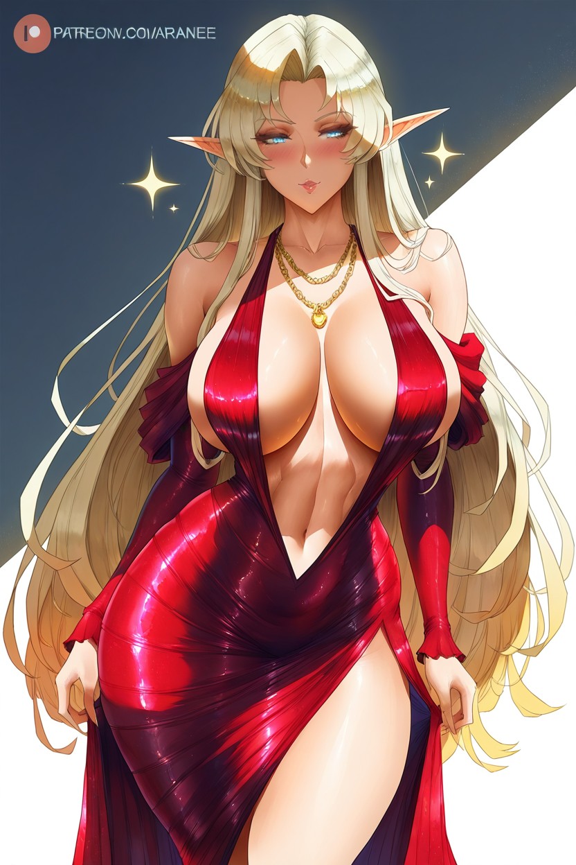 Extremely Long Blond Hair Cascading, Wide Hips, Medium Breast Hentai AI Porn