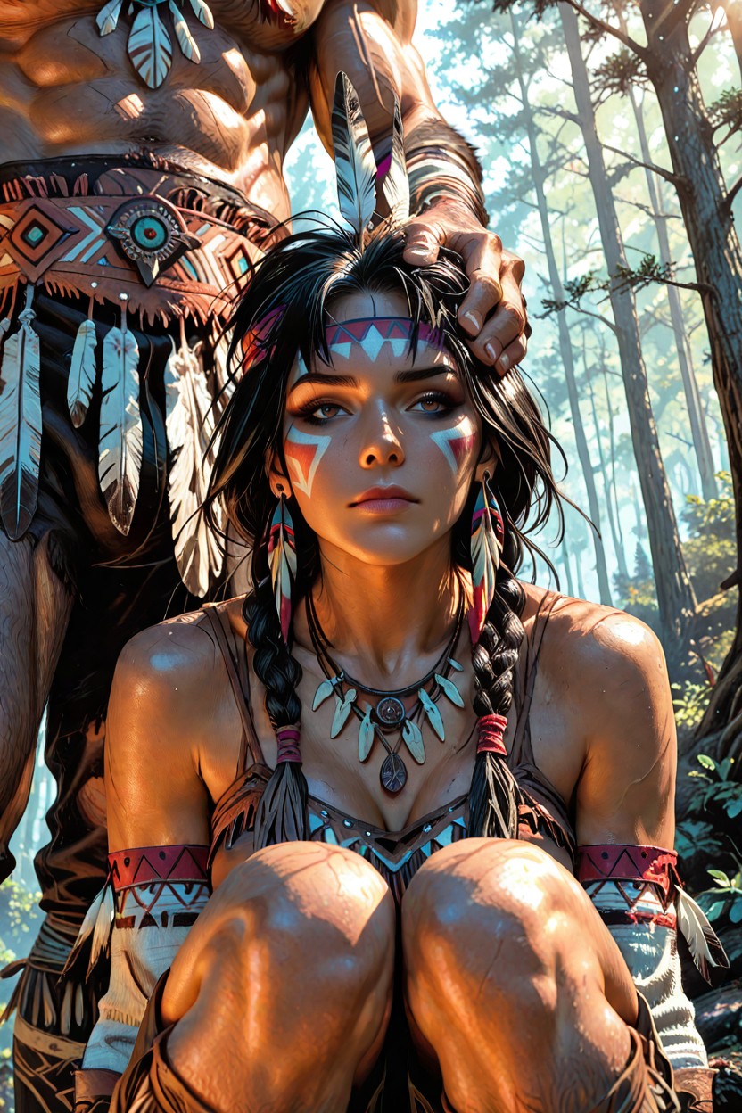 Long Black Hair In Two Traditional Braids, Muscular Male, Her Head Reaches Only To His Chest Hentai AI Porn