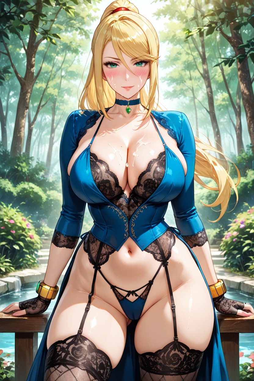 Blushing, Emerald Heart Choker, Deep Neckline Hentai AI Porn