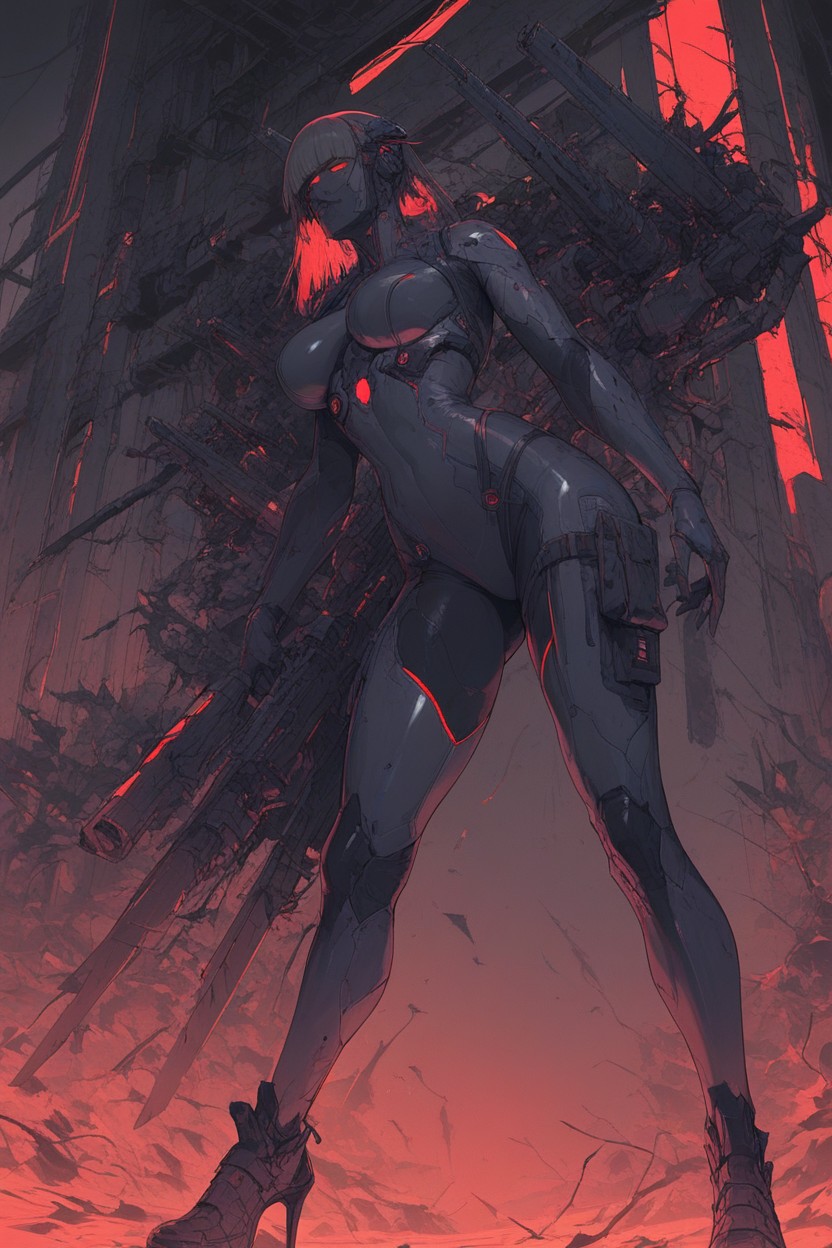 Styled In A, Hanging Wires, Shiny Gray Latex Bodysuit With High Heels Hentai AI Porn