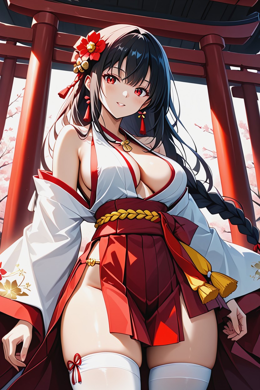 Layered Pleated Hakama Skirt, Clean Separation Between The White Top And Bare Skin, Complete Wraparound Skirt Hentai AI Porn