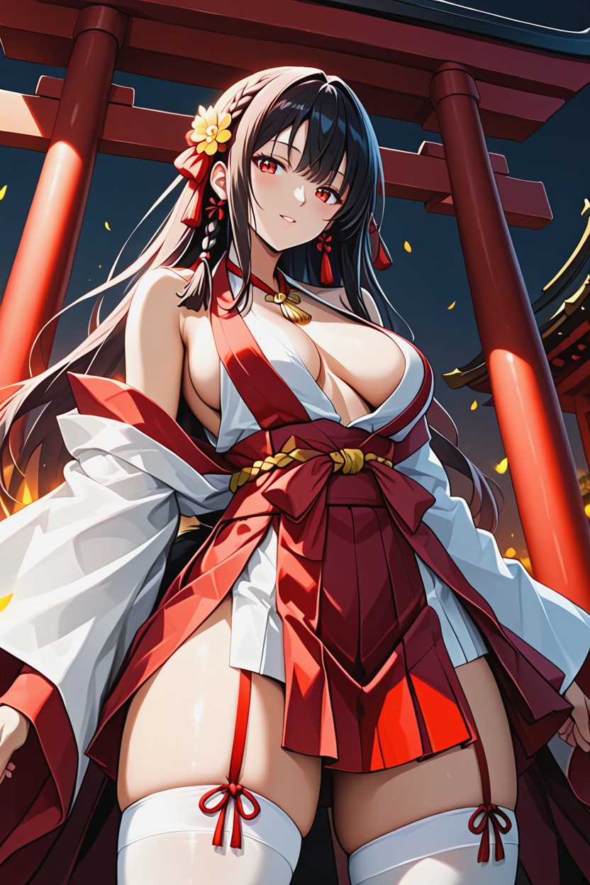 Side Slits Into The Intact Skirt Panels, No White Fabric Visible Inside The Side Slits, White And Vermilion Color Scheme Hentai AI Porn