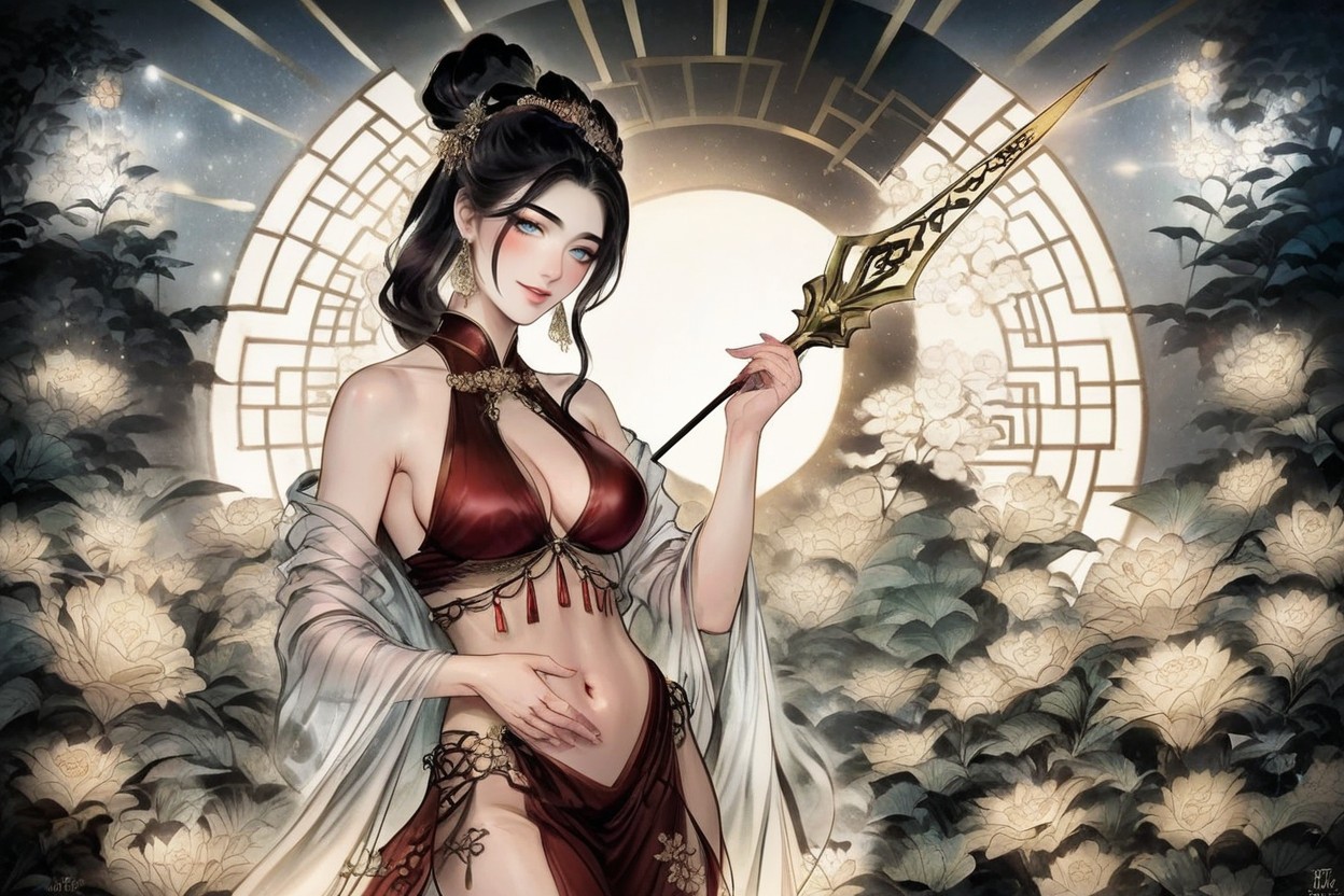 Holding A Traditional Wooden Staff With One Hand, Detailed Hair Strands, Hair Bun Hentai AI Porn
