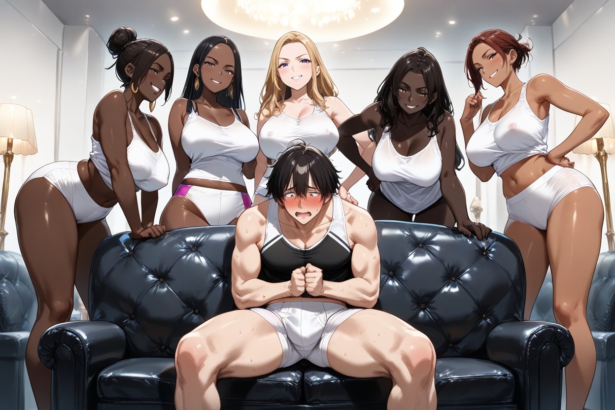 Five Very Dark Skinned Women Taller Than Man, Man Sitting On Couch, Ponytail Hentai AI Porn