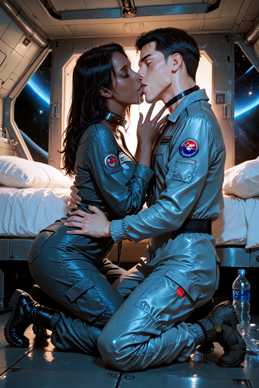 Full Body Space Jumpsuit, Close Intimate Framing Of The Kiss, Soft Intimate Atmosphere Hentai AI Porn
