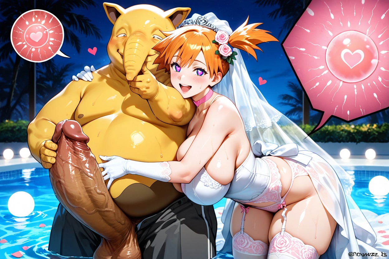 Large, Soft Candlelight, Pink Choker Iconic Orange Side Ponytail In The Pool Area Of Cerulean Gym Hentai AI Porn