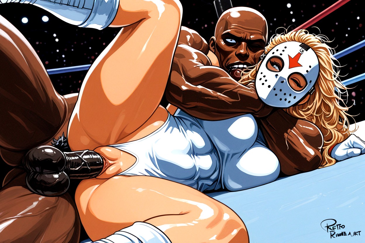 Wrestling Ring Interior, Rumble Roses Art Style, Male With Bald Head Hentai AI Porn