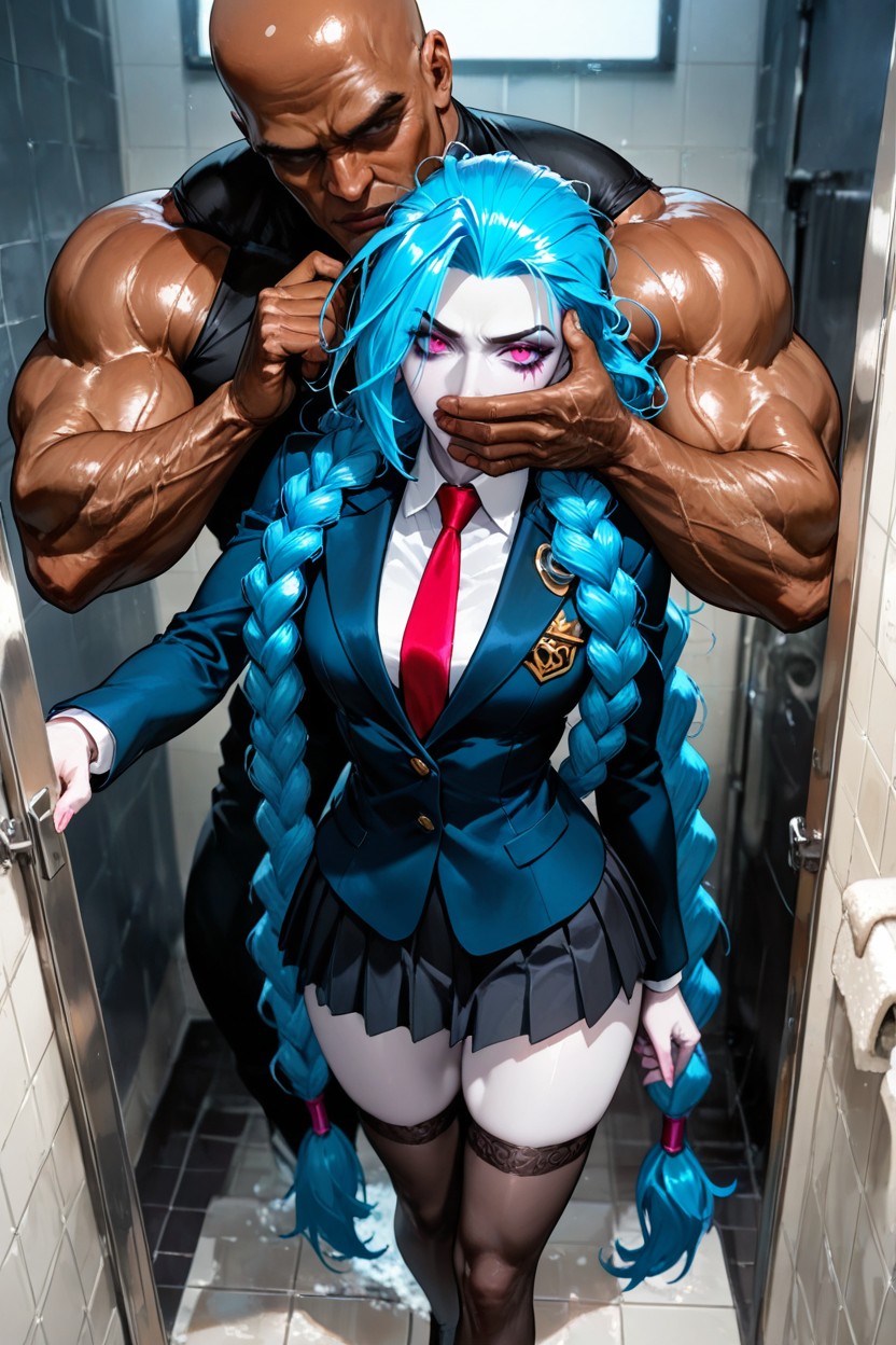 Extremely Long Braids That Reaches The Floor, Intense Blue Hair, Jinx League Of Legends Hair Style Hentai AI Porn