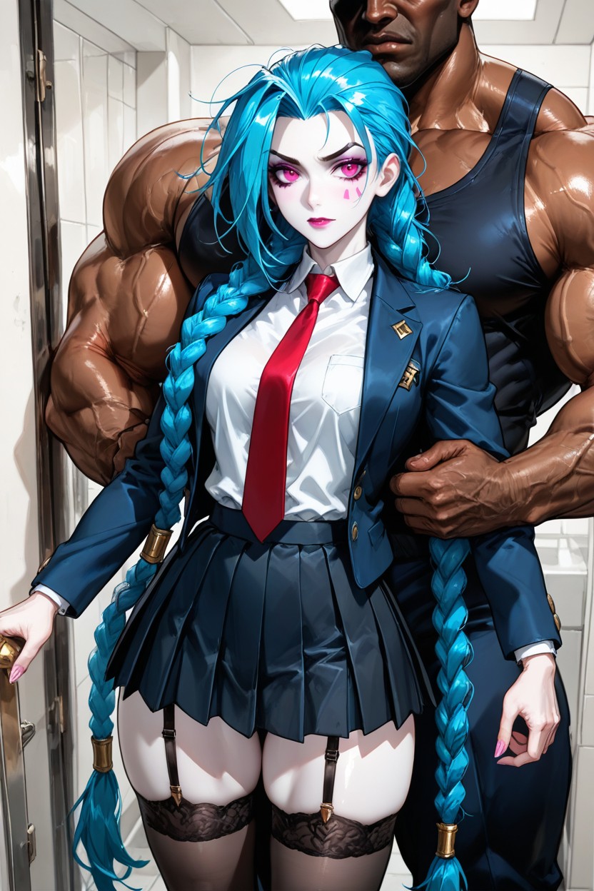 Intense Blue Hair, Absurdly Hyper Large Braids Length, Dark Tanned Skin Hentai AI Porn