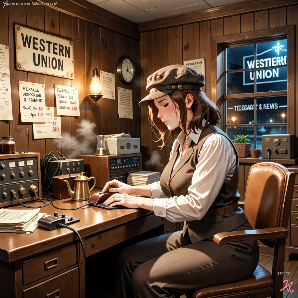 She Has Brunette Hair, Sepia Undertones, Aged Sign Reads Western Union Below It Hentai AI Porn
