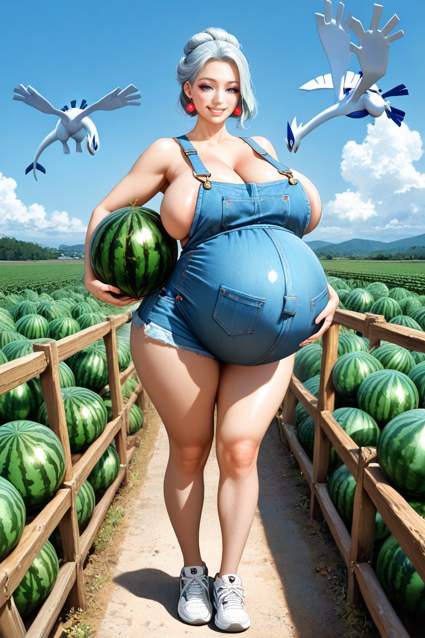 Earrings, Very Blushed, Holding Watermelon Under Her Arm Hentai AI Porn
