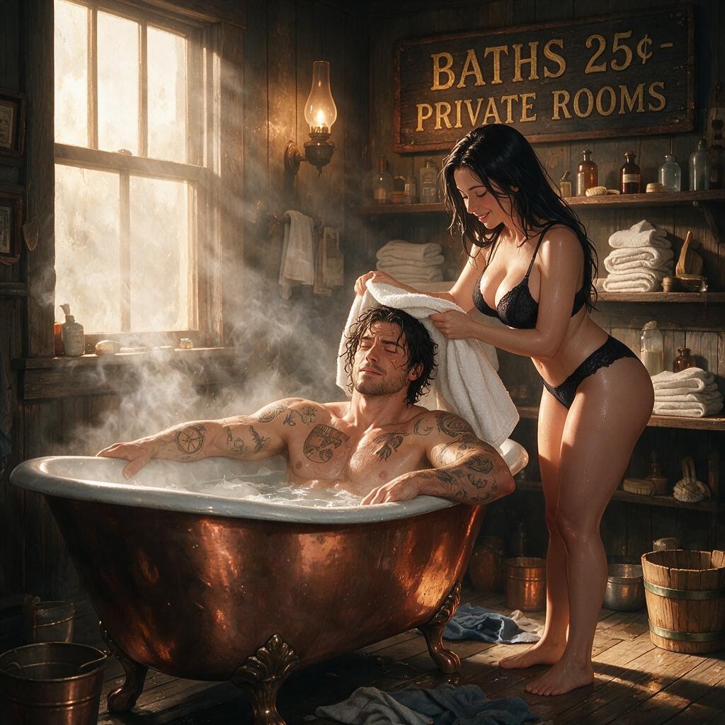 And Warmgaslight And Natural Steam Light, Relaxed, Gently Placing A White Towel Over The Bather's Wet Hair The Background Features Dark Hentai AI Porn