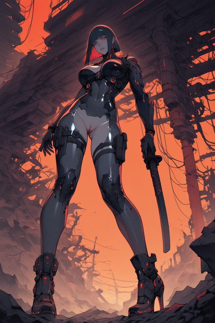 Styled In A, Hanging Wires, A Futuristic Female Cyborg Or Android In A Sleek Hentai AI Porn