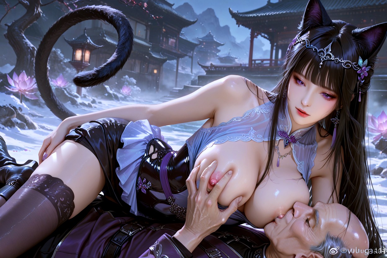 Beautiful Almond-shaped Purple Eyes, Voluminous Skirt On Her Lower Half A Bald Elderly Man Was Sucking On Her Breast, Douluo Dalu Character Design Hentai AI Porn