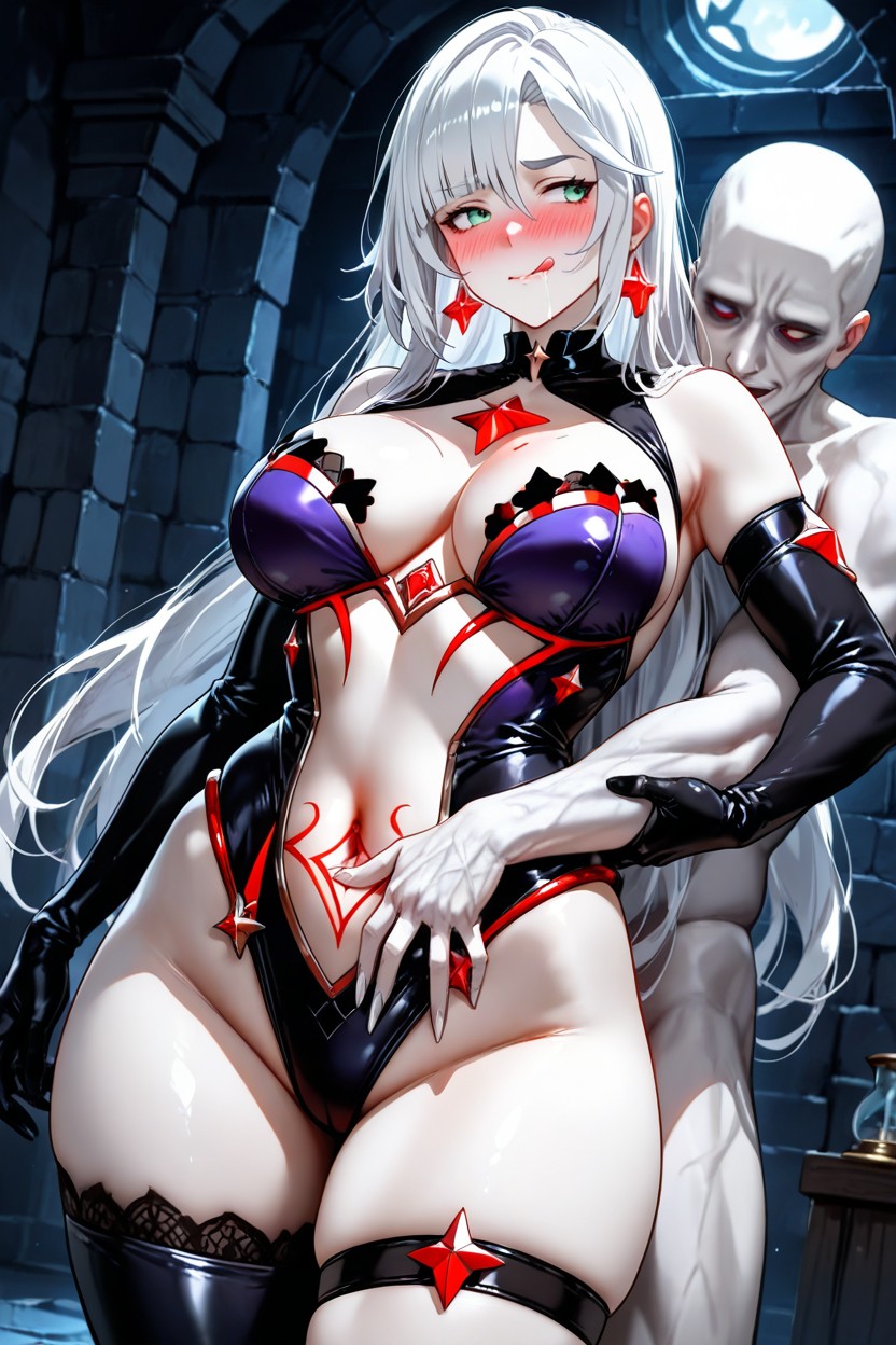 Mona Giving Pale Man A Handjob, Mona Has Dark Purple Hair, Pale Man Looking Away Hentai AI Porn