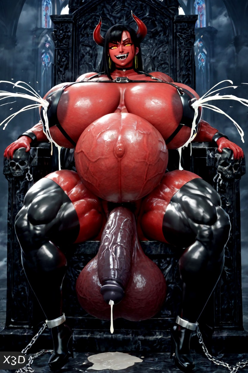 Massive Hanging Testicles, Shiny Black Chain Body Harness, Hyper Colossal Muscle Breasts Hentai AI Porn