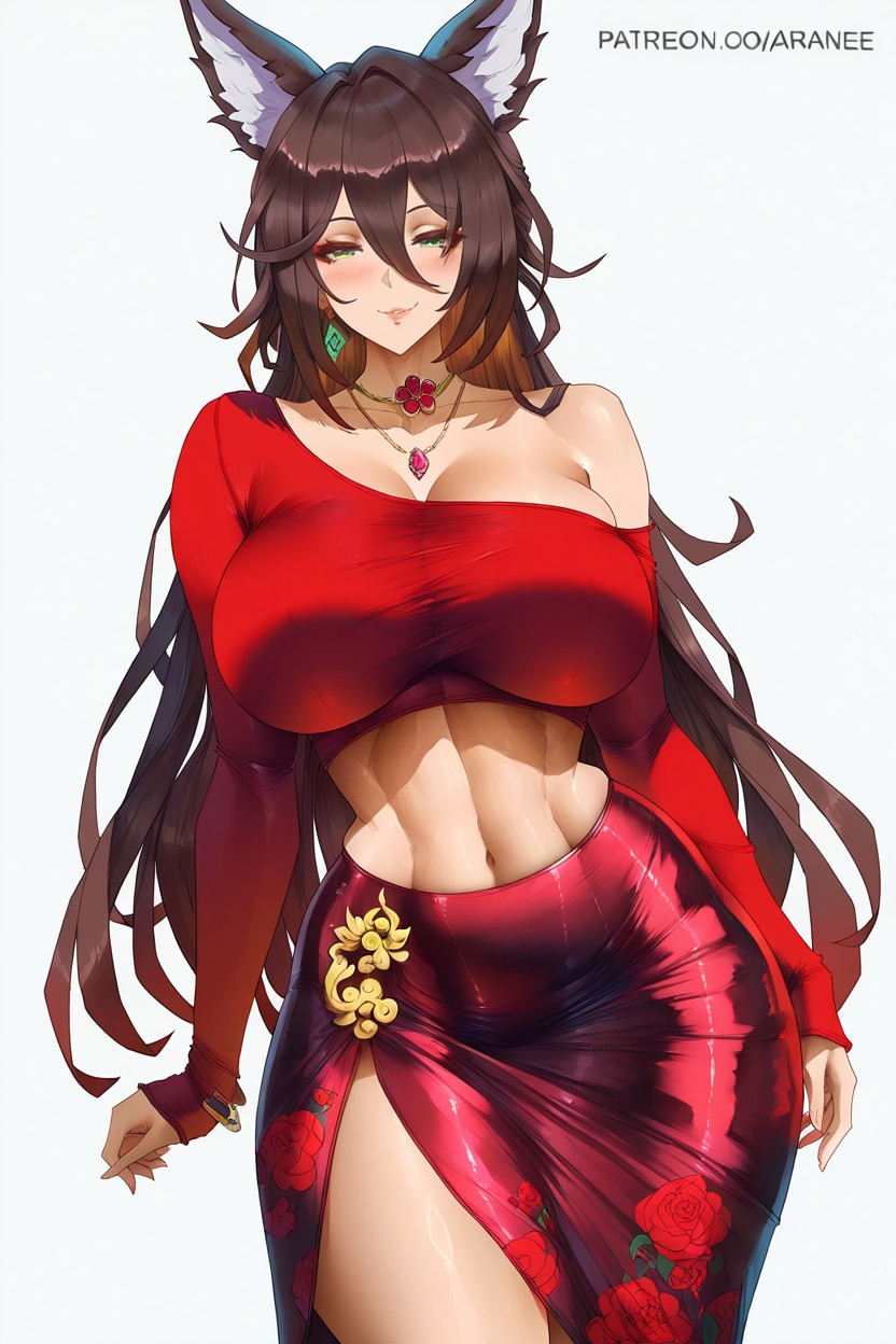 Standing, Draped Red Asymmetric Hemline, Solo Hentai AI Porn