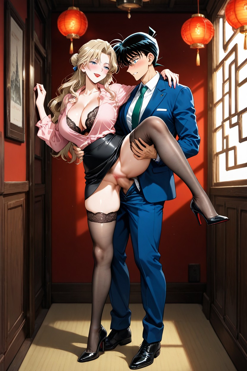 Hands Holding Her Thigh And Waist, Breasts Emphasized Under The Tight Clothing, Chinese New Decorated Indoor Setting Hentai AI Porn