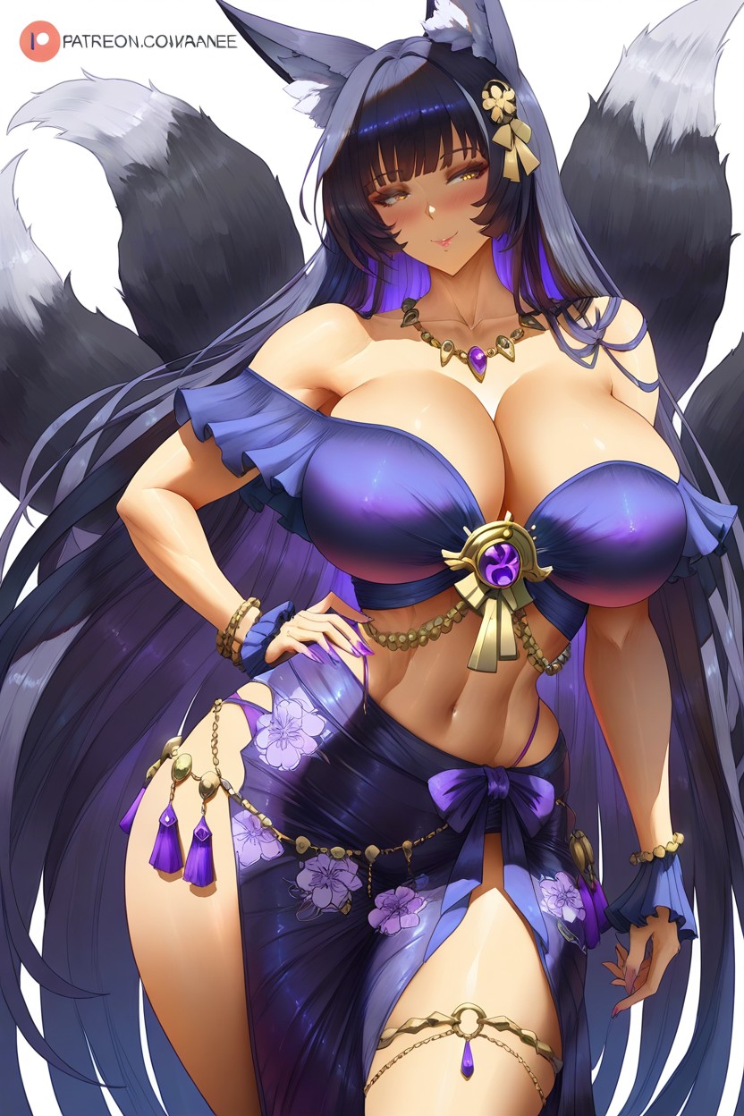 Long Straight Black Hair With Purple Streaks, Medium Breast, Delicate Beaded Rhinestone Tassels Cascading Down The Side Hentai AI Porn