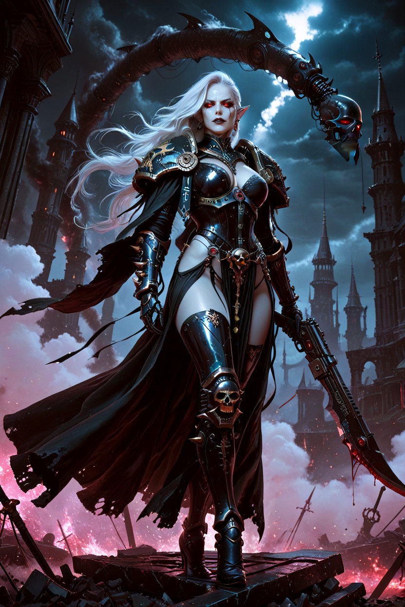 Sleek Black Segmented Plates With Razor-sharp Edges, Gothic Space Fantasy, Standing Confidently In A Dark Gothic Sci-fi Environment She Has An Elegant Hentai AI Porn