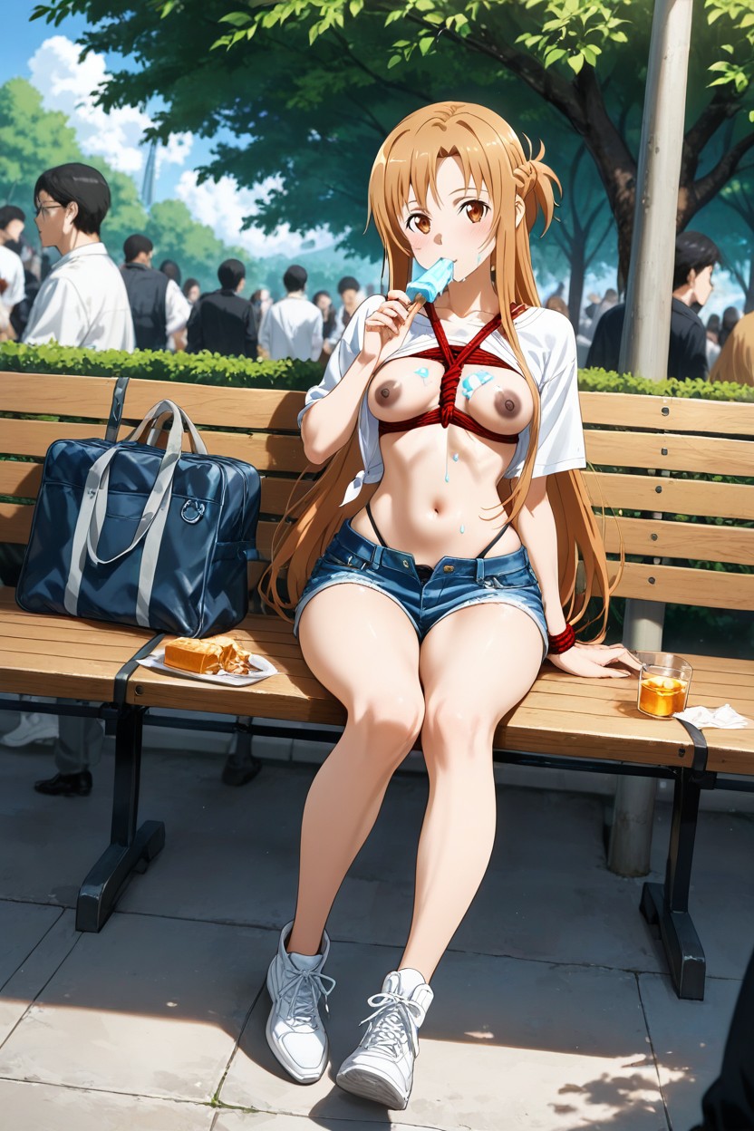 One Hand Resting On Stomach, Cuerpo Completo, Unfastened Clothing Hentai IA