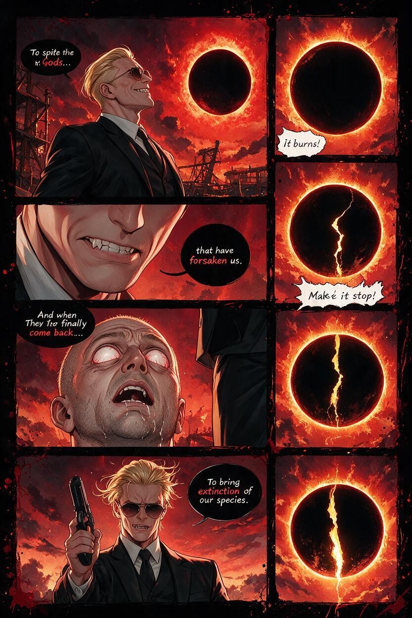 Malicious Grin, Jagged-edged Speech Bubble With No Tail Contains The Text "agh! Make It Stop!" Row Panel Left, Colored In Dark Black With Streaks Of Deep Red Into Them Hentai AI Porn