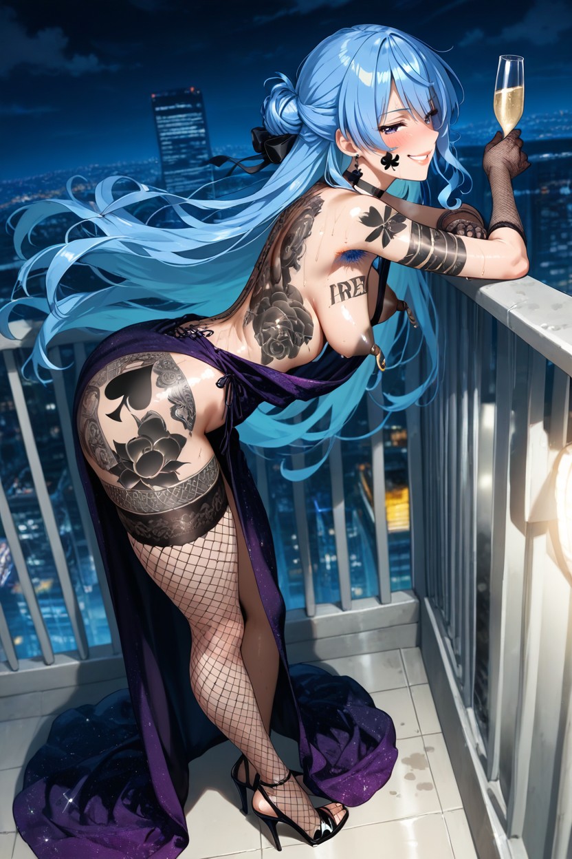 Backlit, Holding Champagne Glass, Excessive Amount Of Tattoo Hentai AI Porn