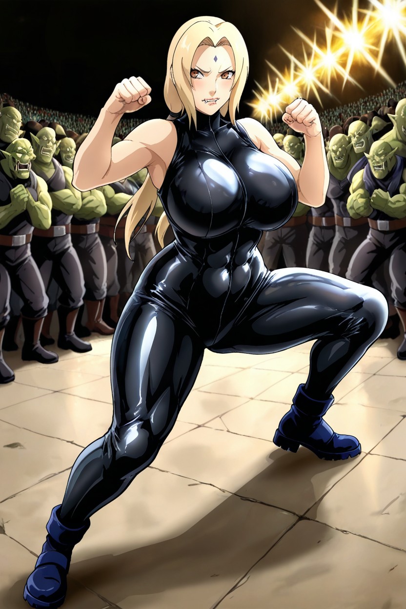 18+, Kick Pose, Sleeveless Black Bodysuit Hentai AI Porn