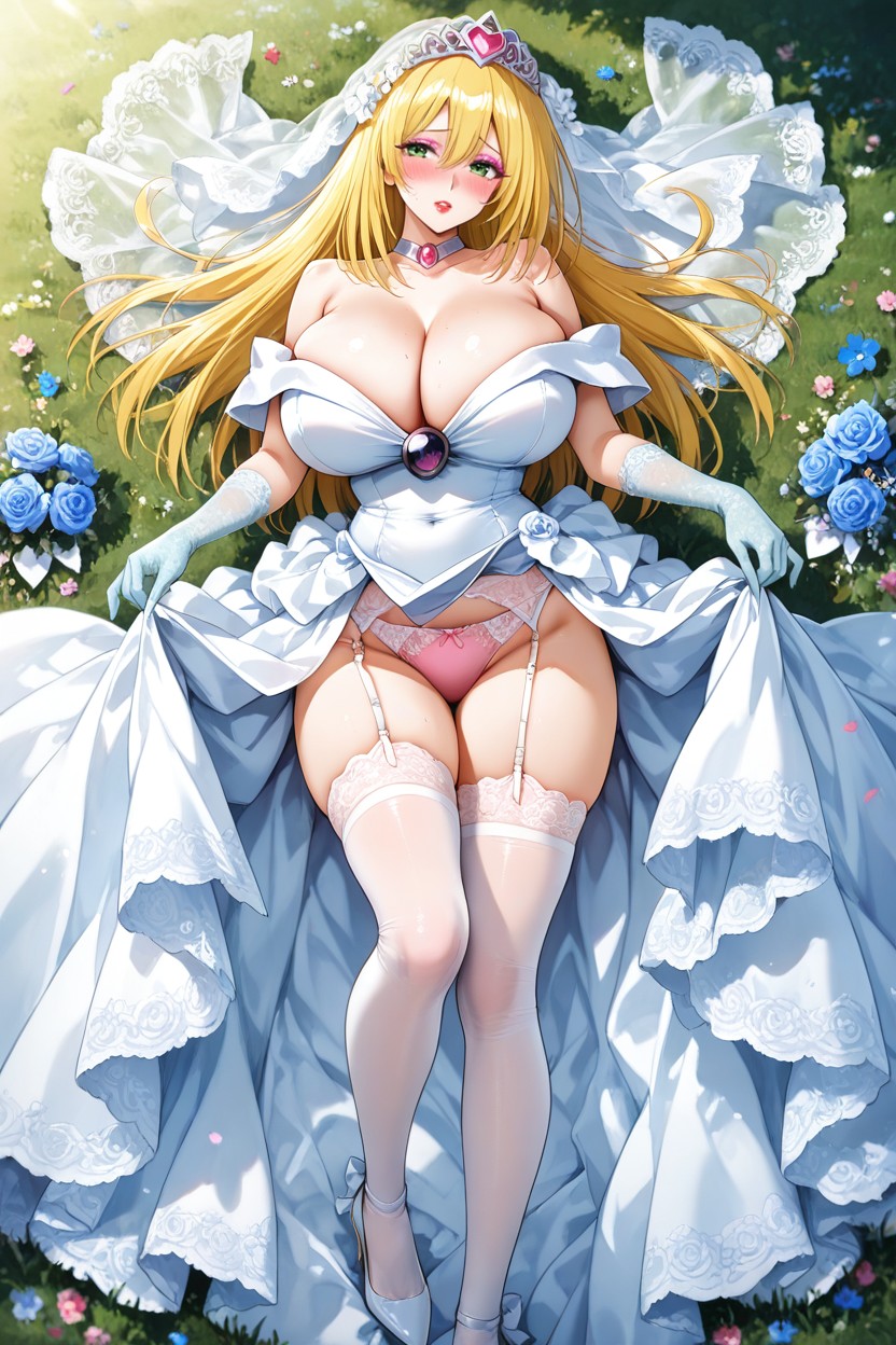 White High Heels, Pink Eyeshadow, Wedding Flower Tiara Hentai IA