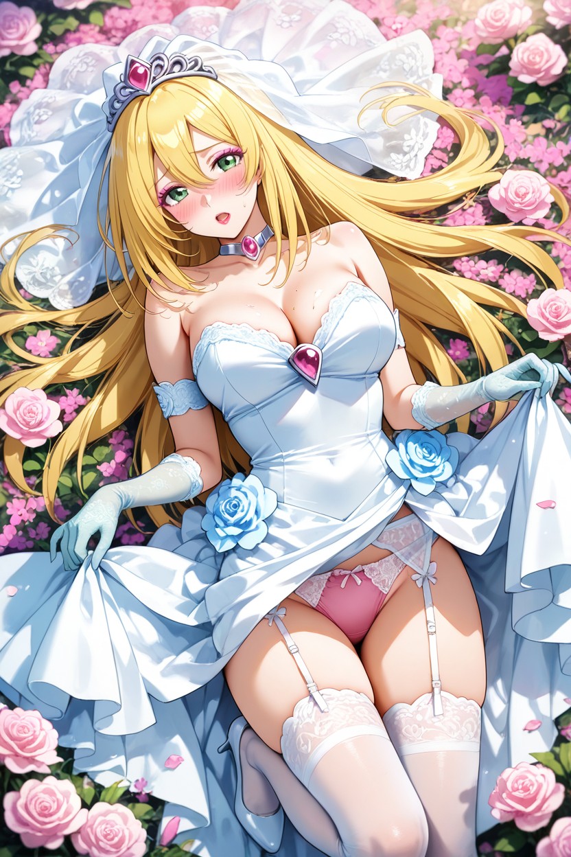 In A Field Of Pink Flowers, Light Blue Lace Gloves, Shy Hentai AI Porn