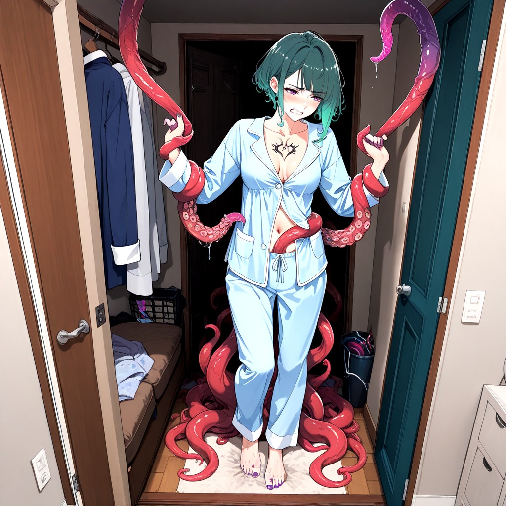 Tentacles Around Stomach, Cleavage, Clenched Teeth Hentai AI Porn