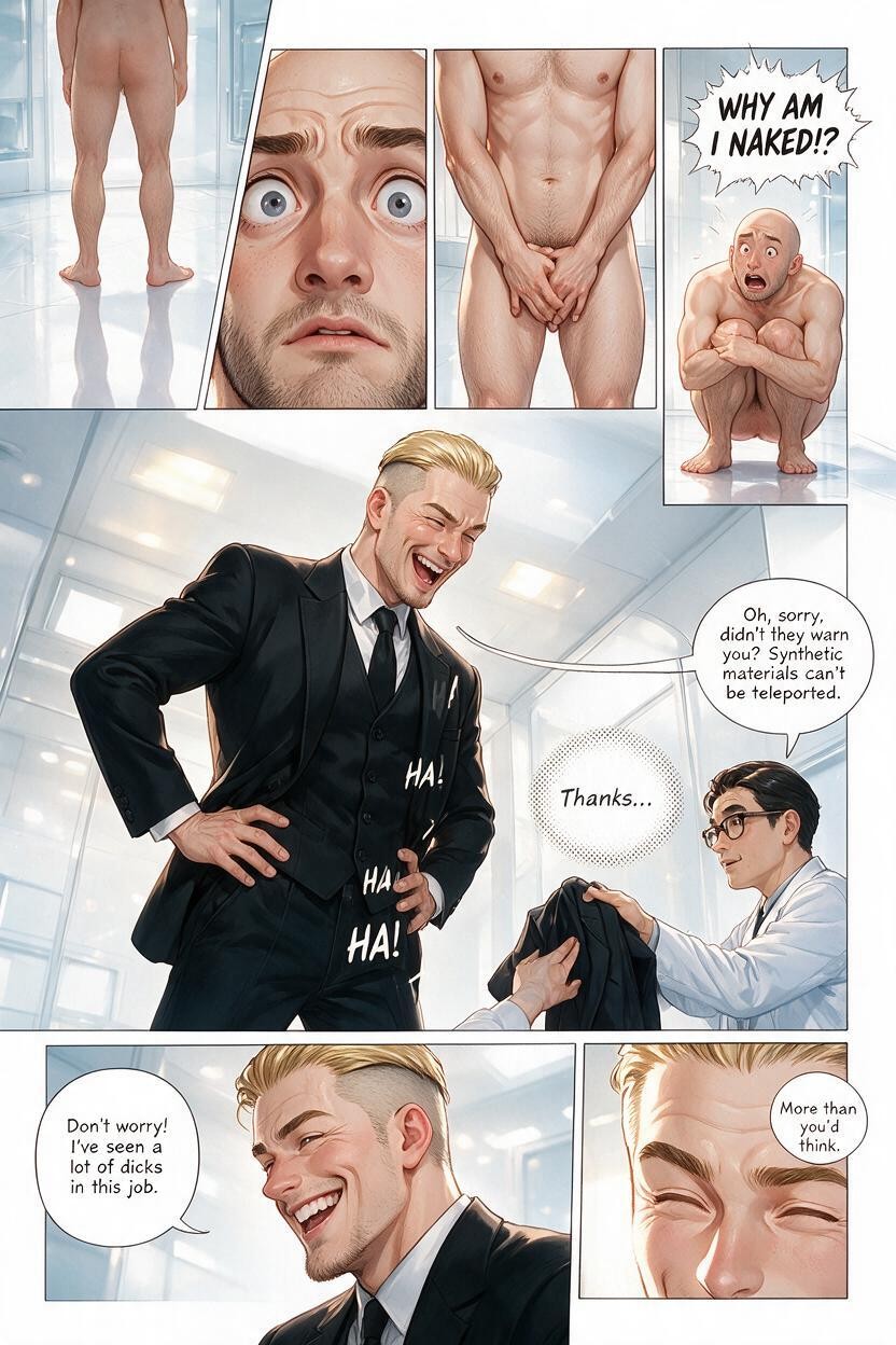 Wearing A Black Three-piece Suitvest, Sits In The Center Of The Panel, Looking Down At His Own Body He Is Completely Naked Porno IA Hentai