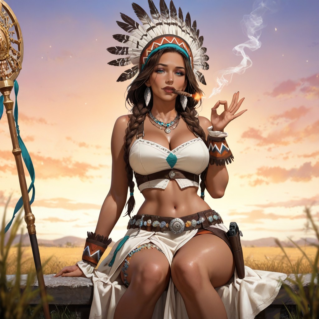 Cinematic Discussion-scene Strict Spatial Rule Both The Native American Women Are Facing Forward, 18+, With A Beaded Panel Hanging In The Front She Has Multiple Strands Of White And Turquoise Shell Necklaces Hentai IA