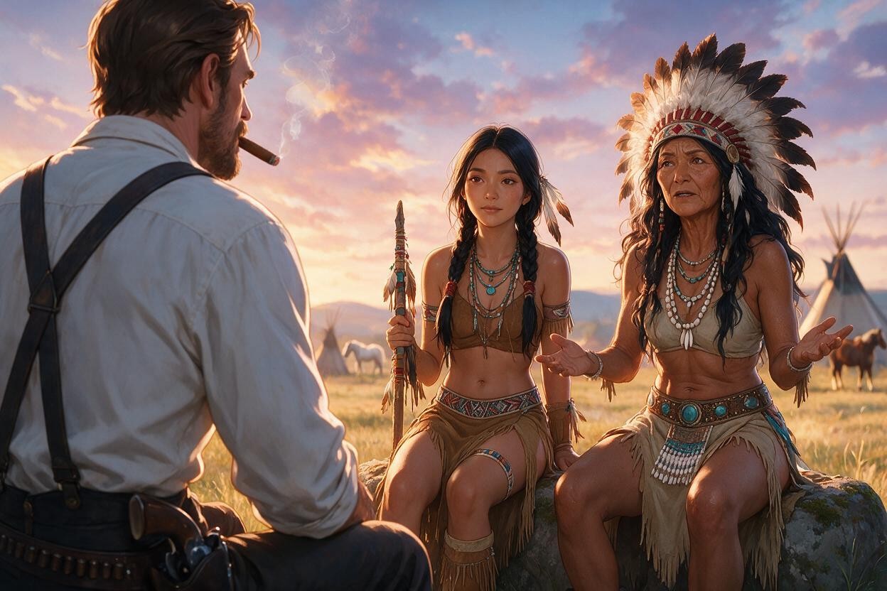 A Thigh High-slit Fringed Skirt, Seen Entirely From The Front Foreground Left Sheriff In Cowboy S Old Wets Outfit, Her Hand Spread Depicted Explaining Gesture 헨타이 AI 포르노