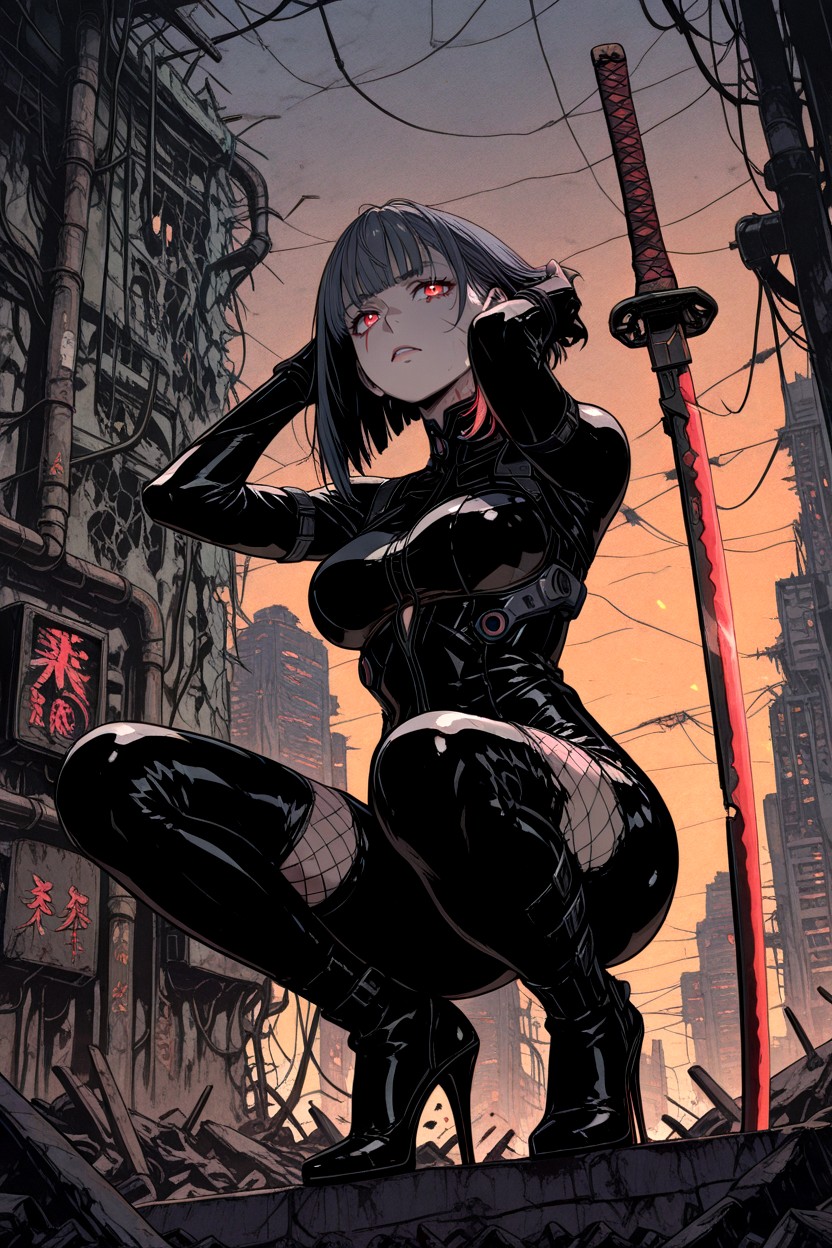 Ripped Stockings, Hanging Wires, Adjusting Hair Hentai AI Porn