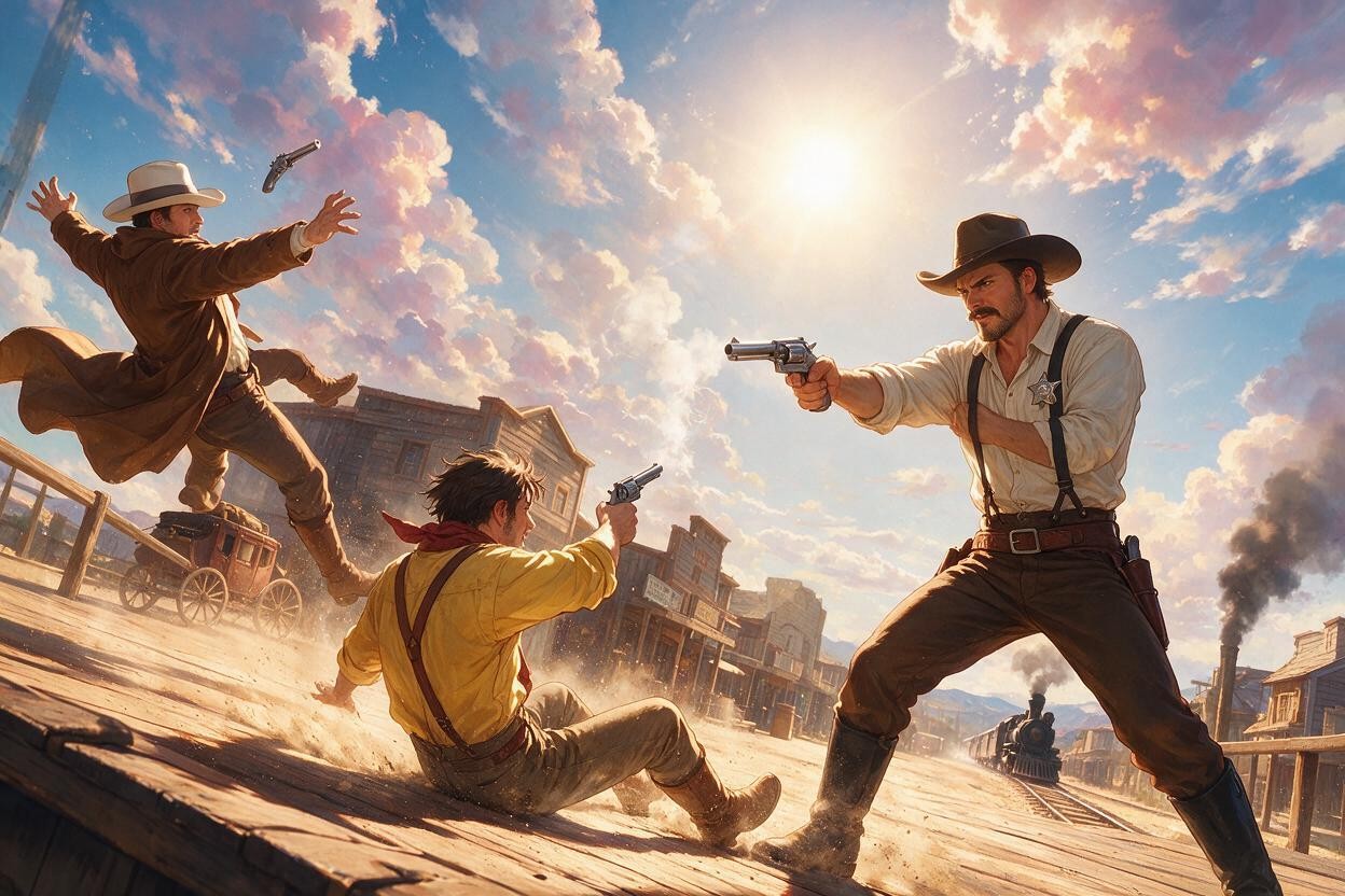 Low Angle-shot In Dynamic-action Perspective, He Wear Wheatered White-shirt, A Handsome-sheriff Is Firing A Handgun With Both Hand Hentai AI Porn