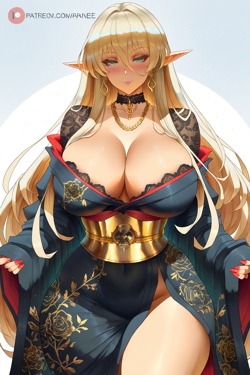 Naturally Heavy Breasts, Falling Open To Reveal Her Cleavage, Kimono Hentai AI Porn