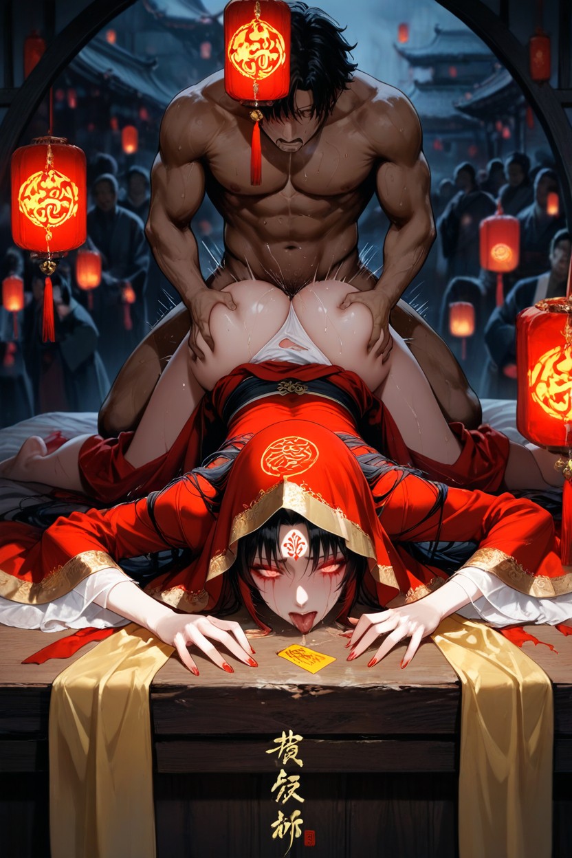 Bloodshot Eyes, Chinese Hanfu, With A Yellow Talisman Stuck To His Forehead Whole Head Fully Covered By A Red Veil Hentai AI Porn