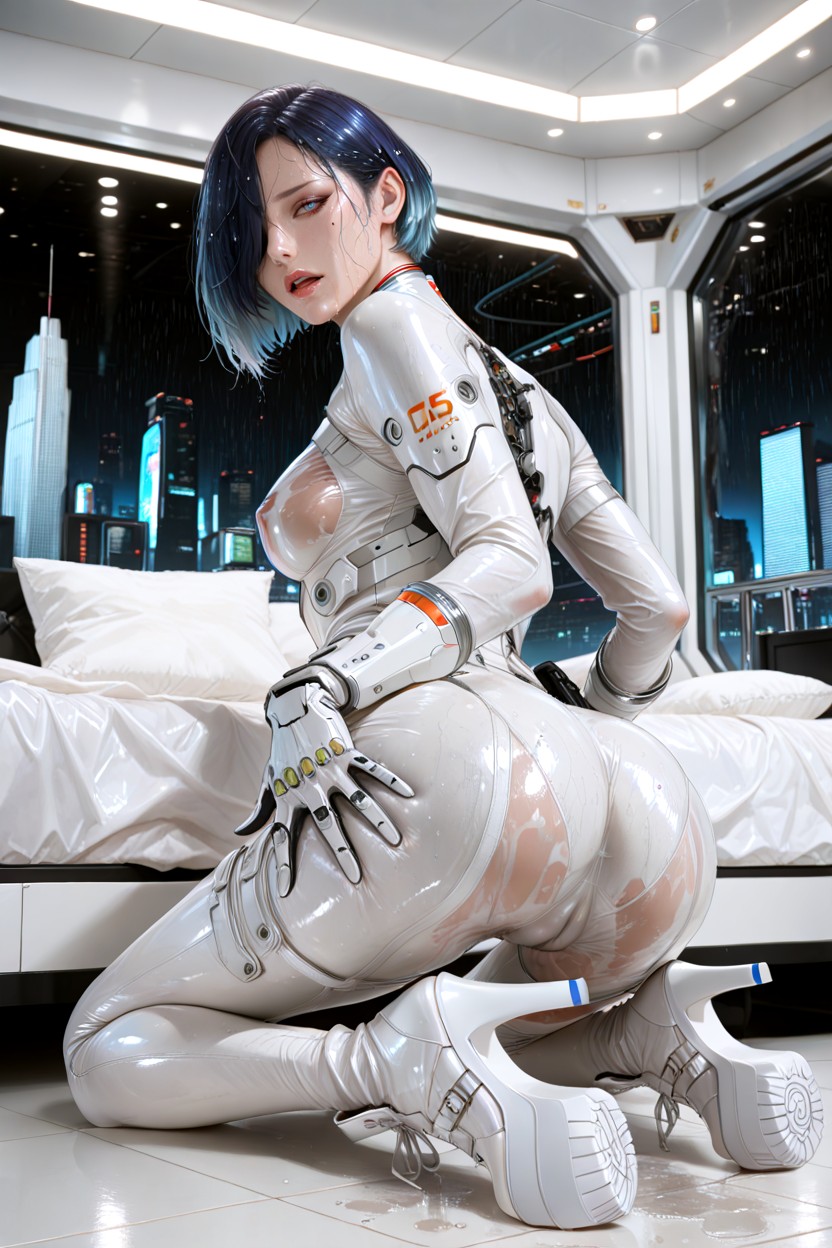 Neatly Ends, Deep Dark Blue Hair In A Sleek Bob, Emotional Storytelling Composition Hentai AI Porn
