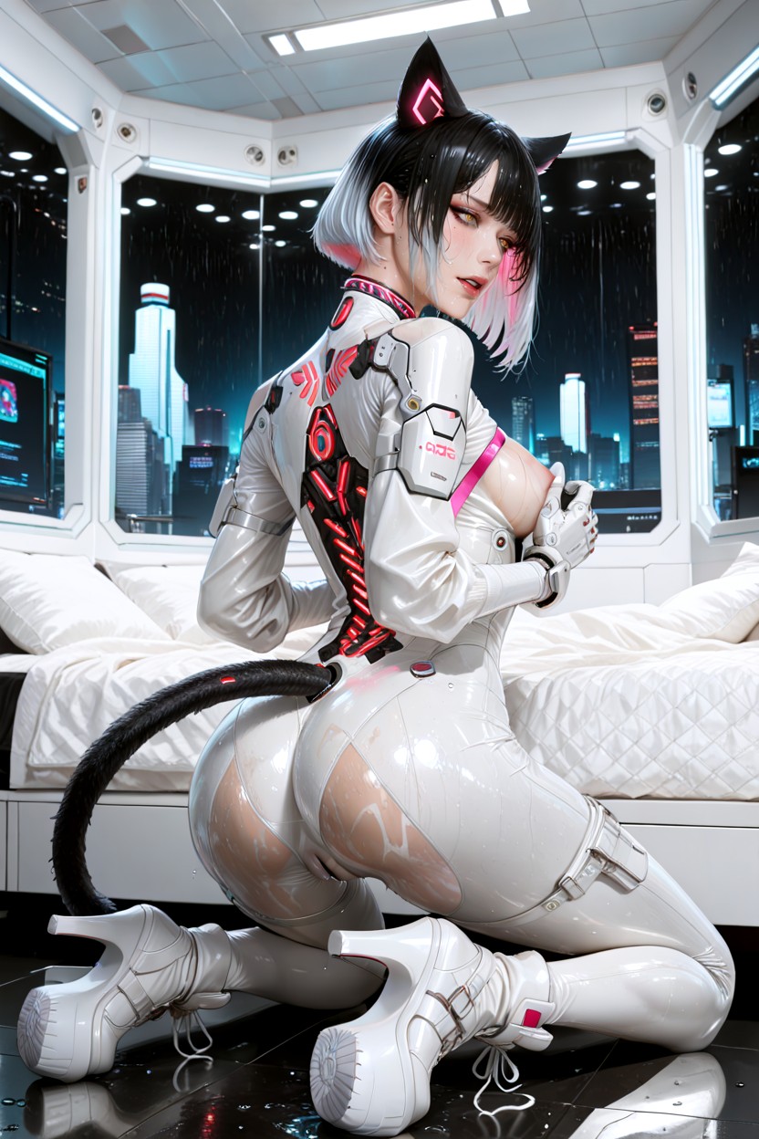 The Colourless Full White Bodysuit Blends Seamlessly Into Sleek Tactical White Platform Heeled Feet, With Visible Colourless White Piping Seams & Rivets Covering The Entire Body & Emphasising Her Breasts, Pixie Hentai AI Porn