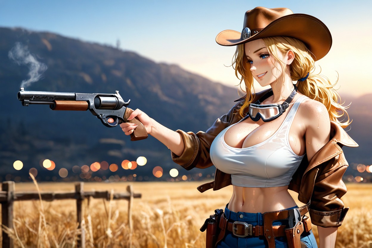 Low-slung Khaki Work Pants, Holding Cowboy Gun, Red Bra Hentai IA